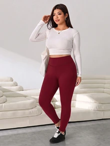 Solflare Burgundy High Waist Seamless Plus Size Leggings - Burgundy - View 6