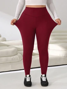 Solflare Burgundy High Waist Seamless Plus Size Leggings - Burgundy - View 5