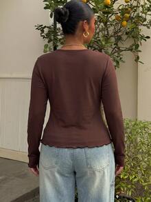 Muchica Chocolate Brown Lace Patchwork Front Button Plus Size T-Shirt Fall - Chocolate Brown - View 2