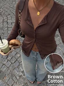 Muchica Chocolate Brown Lace Patchwork Front Button Plus Size T-Shirt Fall - Chocolate Brown - View 1