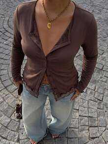 Muchica Chocolate Brown Lace Patchwork Front Button Plus Size T-Shirt Fall - Chocolate Brown - View 6