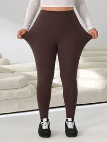 Solflare Chocolate Brown High Waist Plus Size Leggings - Chocolate Brown - View 4