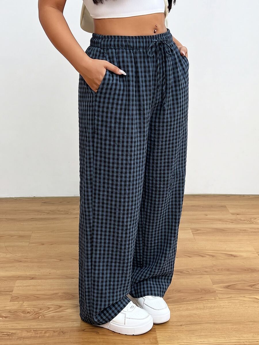 Muchica Navy Blue Plus Size Casual Plaid Elastic Waist Loose Fit Long Pants - Navy Blue - View 1