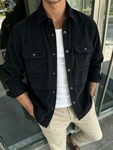 Manfinity Dauomo Men's Solid Color Single-Breasted Casual Versatile Daily Travel Long Sleeve Jacket - Black - View 5