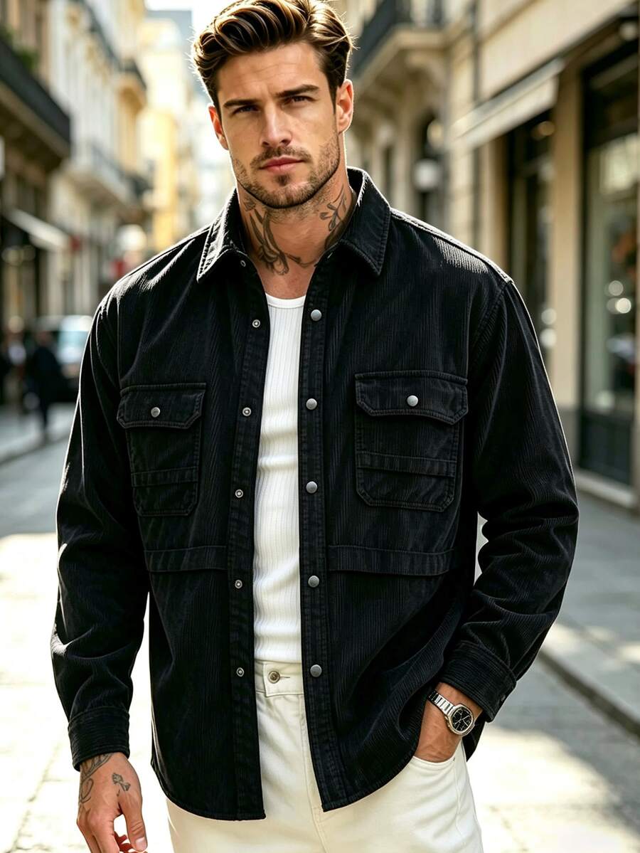 Manfinity Dauomo Men's Solid Color Single-Breasted Casual Versatile Daily Travel Long Sleeve Jacket - Black - View 1