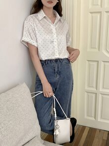 DAZY 女款圓點圖案商務休閒短袖襯衫 - 白色 - 查看 3