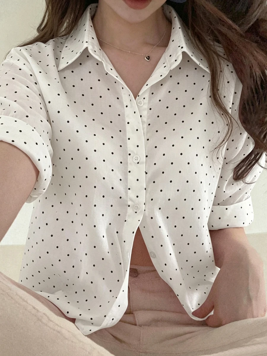 DAZY Kemeja Lengan Pendek Wanita Motif Polkadot untuk Bisnis Kasual - Putih - View 1