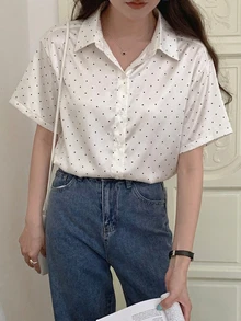DAZY 女款圓點圖案商務休閒短袖襯衫 - 白色 - 查看 4