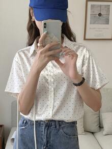 DAZY 女款圓點圖案商務休閒短袖襯衫 - 白色 - 查看 2
