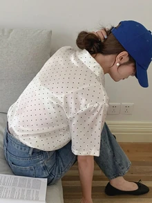 DAZY 女款圓點圖案商務休閒短袖襯衫 - 白色 - 查看 5