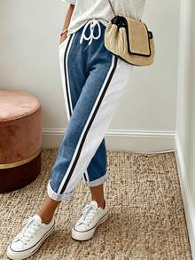 Breezaya Women's Colorblock Pocket Casual Daily Travel Long Pants - Dark Wash - View 3