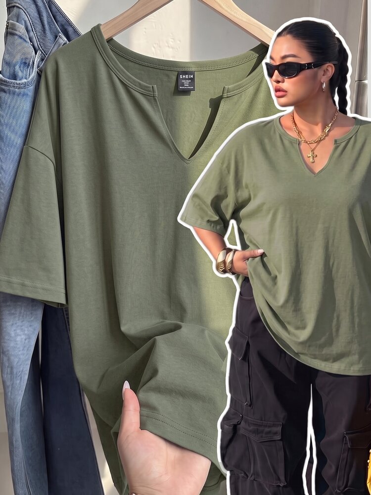 Muchica Casual Loose Mint Green Notch Neck Plus Size T-Shirt - Mint Green - View 1
