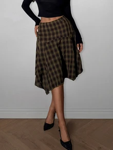 SHEIN ICON Women's Fashion Commuter Plaid Asymmetric Hem Skirt - Multicolor - View 3