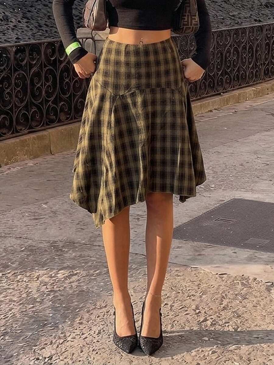 SHEIN ICON Women's Fashion Commuter Plaid Asymmetric Hem Skirt - Multicolor - View 1