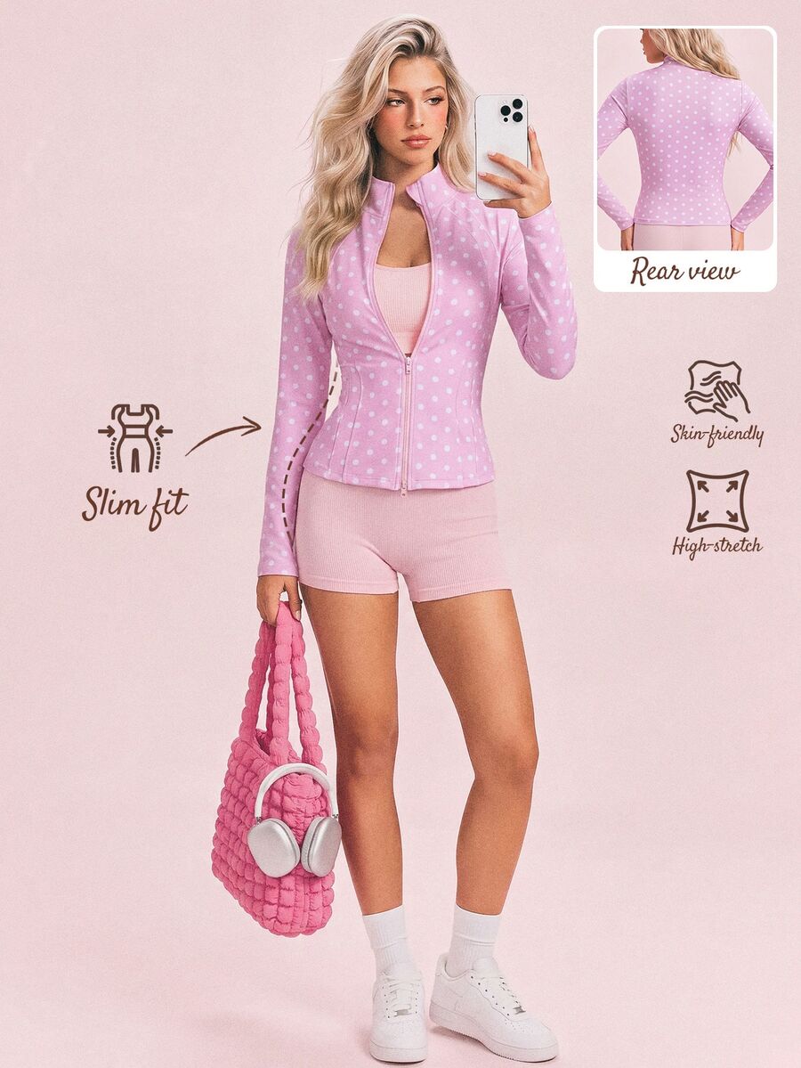 SHEIN Sovereign Charm Polka Dot Print Front Zipper Slim Fit Sports Jacket - Pink - View 1