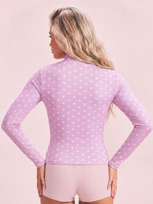 SHEIN Sovereign Charm Polka Dot Print Front Zipper Slim Fit Sports Jacket - Pink - View 2