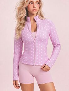 SHEIN Sovereign Charm Polka Dot Print Front Zipper Slim Fit Sports Jacket - Pink - View 4
