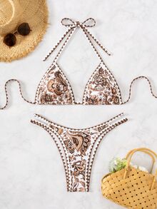 Swim Vcay Women's Printed Vacation Style Bikini Set With Neck-Hanging Design Summer Beach - Multicolor - View 3