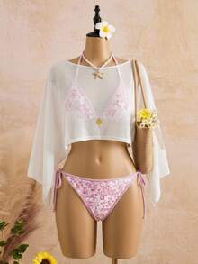 Teen Girls' Elegant Modest Crochet Cover Up Tops, Suitable For Beach Beach Vacation Vacation In Summer - Beige - View 3