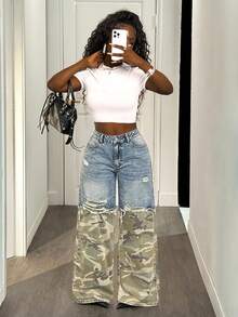 BamGleam Women's Patchwork Camo Print Frayed Hem Loose Fit Wide Leg Jeans - Blue - View 5