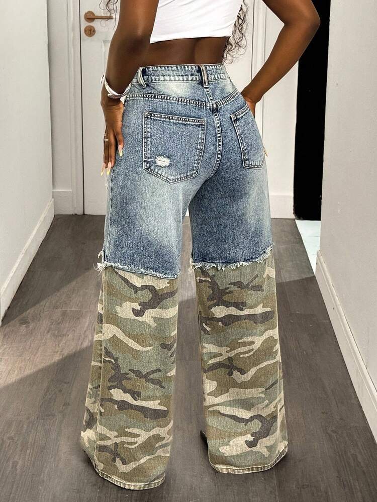 BamGleam Women's Patchwork Camo Print Frayed Hem Loose Fit Wide Leg Jeans - Blue - View 2