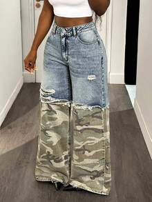 BamGleam Women's Patchwork Camo Print Frayed Hem Loose Fit Wide Leg Jeans - Blue - View 4