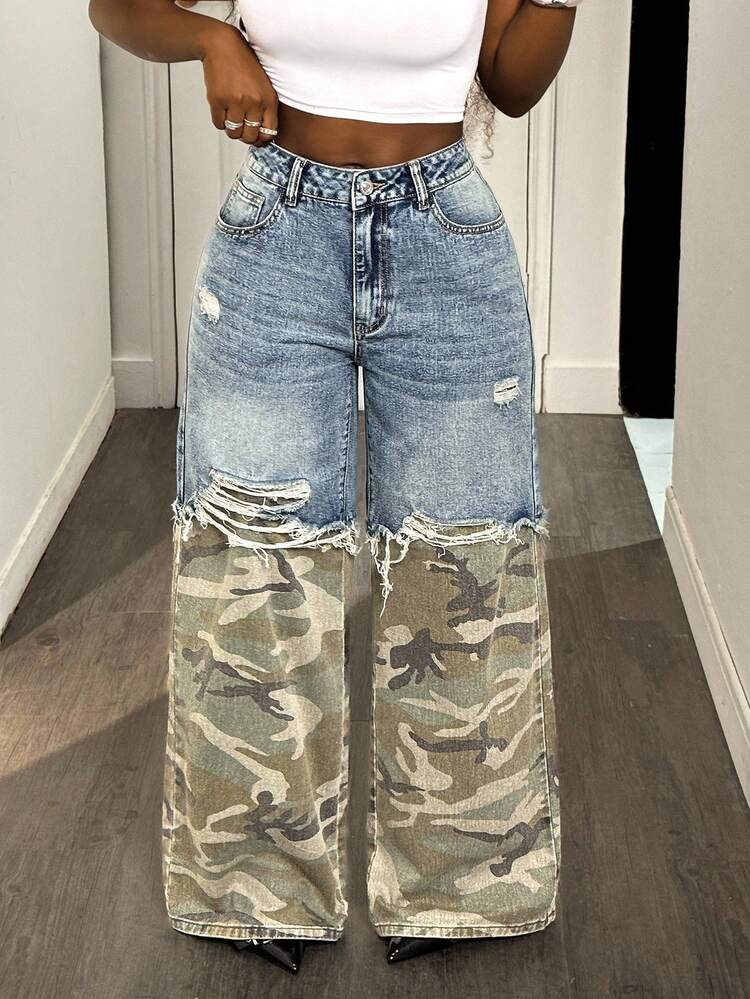 BamGleam Women's Patchwork Camo Print Frayed Hem Loose Fit Wide Leg Jeans - Blue - View 3