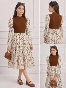 Tween Girls Sweet, Princess-Style, Kids Fresh And Cute Color-Blocked Midi Dress Featuring A Round Neck And Long Sleeves-Perfect For Birthday Parties - Multicolor - View 6