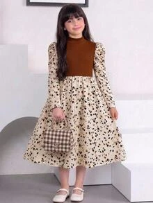 Tween Girls Sweet, Princess-Style, Kids Fresh And Cute Color-Blocked Midi Dress Featuring A Round Neck And Long Sleeves-Perfect For Birthday Parties - Multicolor - View 2