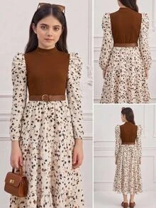Tween Girls Sweet, Princess-Style, Kids Fresh And Cute Color-Blocked Midi Dress Featuring A Round Neck And Long Sleeves-Perfect For Birthday Parties - Multicolor - View 7