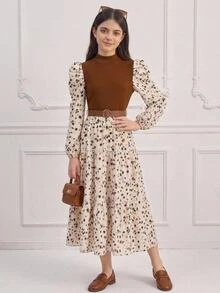 Tween Girls Sweet, Princess-Style, Kids Fresh And Cute Color-Blocked Midi Dress Featuring A Round Neck And Long Sleeves-Perfect For Birthday Parties - Multicolor - View 5