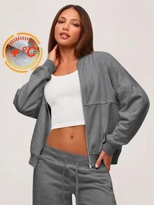 SHEIN BASICS Women's Solid Color Drop Shoulder Long Sleeve Casual Athleisure Loose Baseball Jacket Gym Light Grey Autumn - Dark Grey - View 3