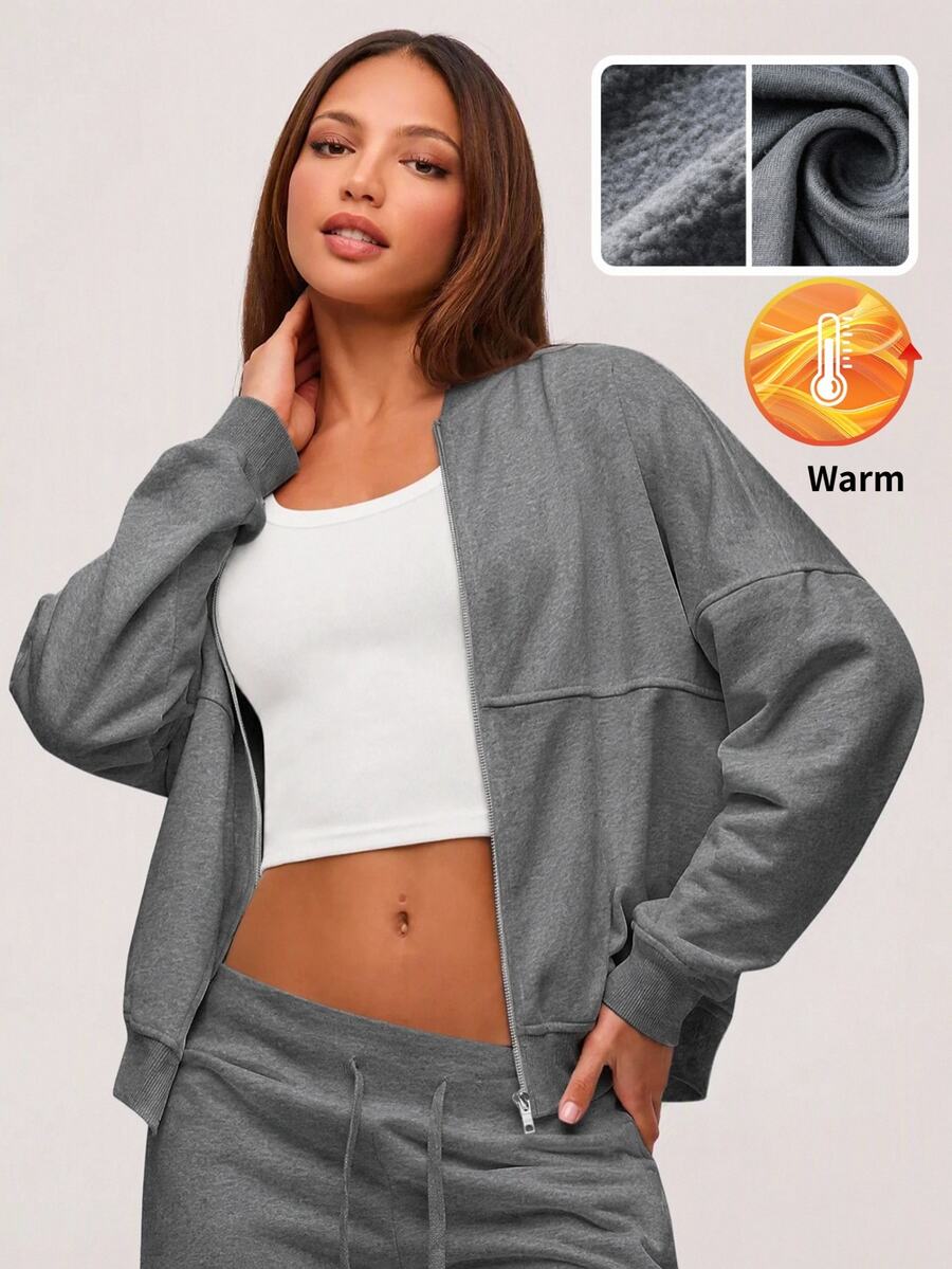 SHEIN BASICS Women's Solid Color Drop Shoulder Long Sleeve Casual Athleisure Loose Baseball Jacket Gym Light Grey Autumn - Dark Grey - View 1