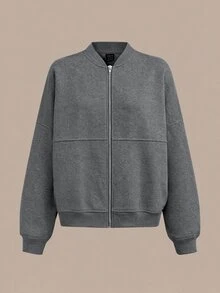 SHEIN BASICS Women's Solid Color Drop Shoulder Long Sleeve Casual Athleisure Loose Baseball Jacket Gym Light Grey Autumn - Dark Grey - View 4