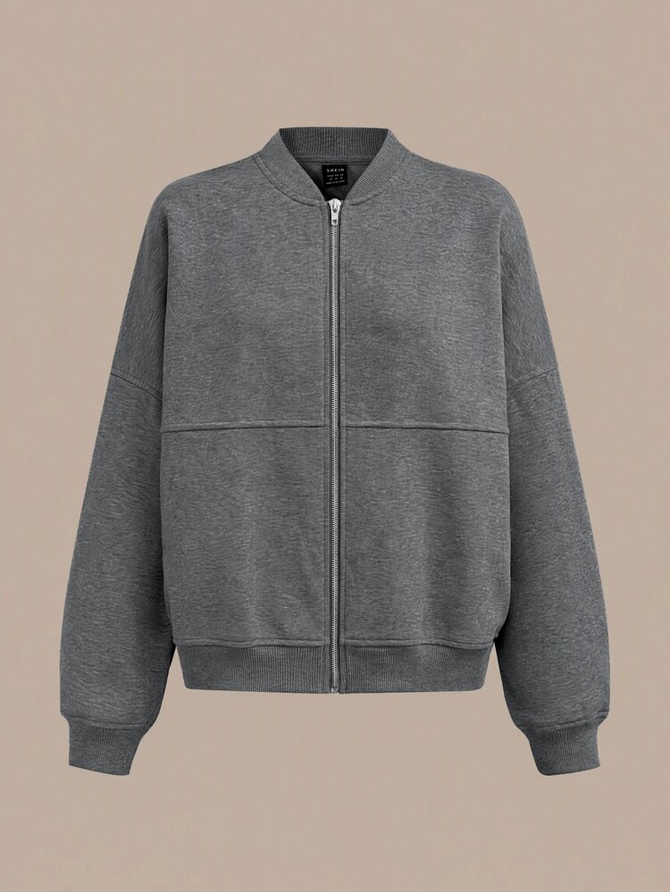 SHEIN BASICS Women's Solid Color Drop Shoulder Long Sleeve Casual Loose Baseball Jacket - Dark Grey - View 4