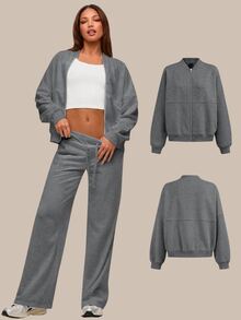 SHEIN BASICS Women's Solid Color Drop Shoulder Long Sleeve Casual Athleisure Loose Baseball Jacket Gym Light Grey Autumn - Dark Grey - View 10