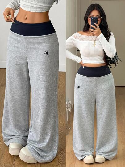Coolane Women's Plus Size Fall Winter Streetwear Elegant Going Out Date Night Casual Comfortable Straight Leg Pants Colorblock Blue Grey Sweatpants