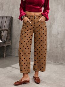 Breezaya Women's Polka Dot Print Flared Leg Jeans Vacation Brown Polka Dot Summer Boho - Coffee Brown - View 10