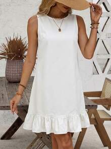 EMERY ROSE Women's Summer Casual Denim Dress With Button Decor And Ruffle Hem, Sleeveless - White - View 3