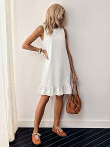 EMERY ROSE Women's Summer Casual Denim Dress With Button Decor And Ruffle Hem, Sleeveless - White - View 7