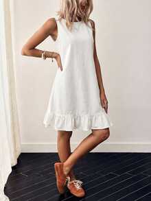 EMERY ROSE Women's Summer Casual Denim Dress With Button Decor And Ruffle Hem, Sleeveless - White - View 9