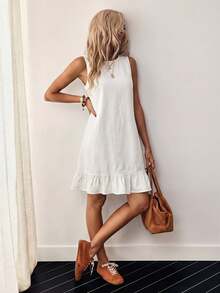 EMERY ROSE Women's Summer Casual Denim Dress With Button Decor And Ruffle Hem, Sleeveless - White - View 8