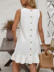 EMERY ROSE Women's Summer Casual Denim Dress With Button Decor And Ruffle Hem, Sleeveless - White - View 2