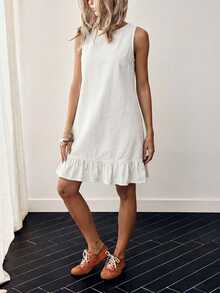 EMERY ROSE Women's Summer Casual Denim Dress With Button Decor And Ruffle Hem, Sleeveless - White - View 11