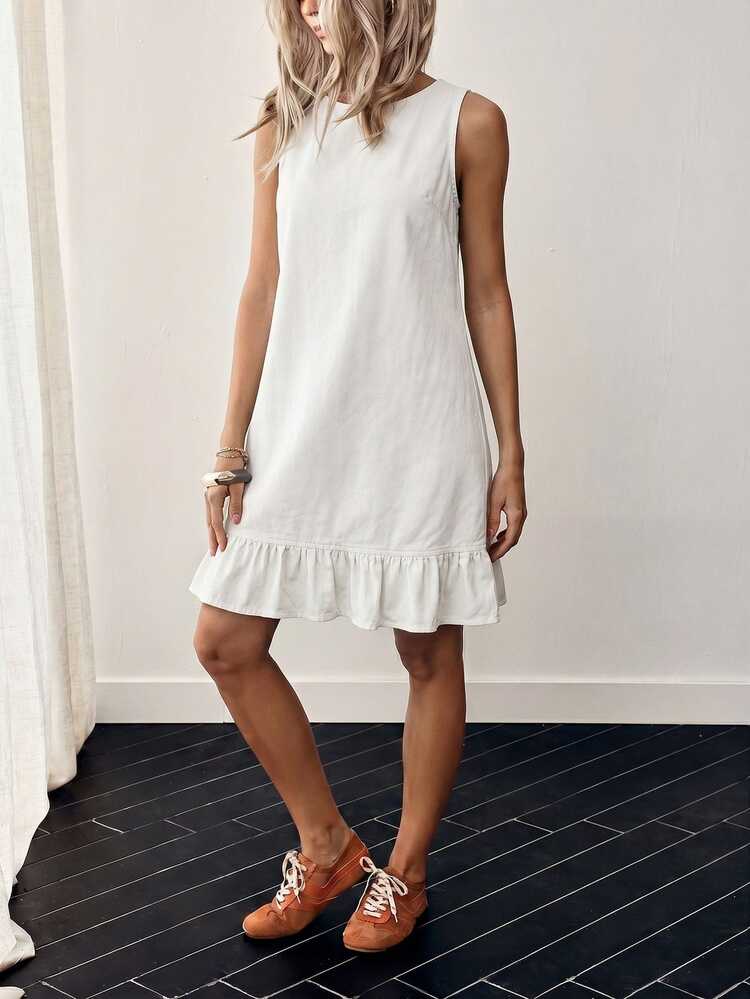 EMERY ROSE Women's Summer Casual Denim Dress With Button Decor And Ruffle Hem, Sleeveless - White - View 11