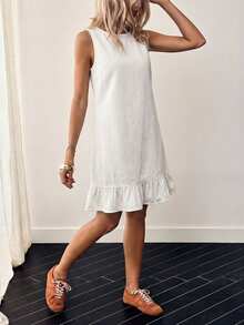 EMERY ROSE Women's Summer Casual Denim Dress With Button Decor And Ruffle Hem, Sleeveless - White - View 10