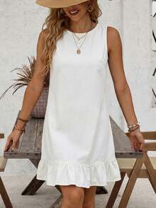 EMERY ROSE Women's Summer Casual Denim Dress With Button Decor And Ruffle Hem, Sleeveless - White - View 5