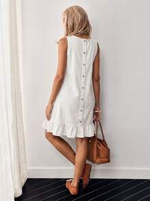 EMERY ROSE Women's Summer Casual Denim Dress With Button Decor And Ruffle Hem, Sleeveless - White - View 12