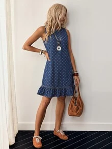 EMERY ROSE Sleeveless Denim Casual Boho Vacation Dress Vacation Blue And White Autumn - Blue - View 2