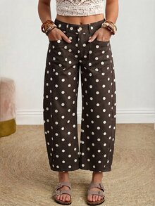 EMERY ROSE Women's Polka Dot Pattern Pocket Casual Loose Wide Leg Jeans - Coffee Brown - View 3